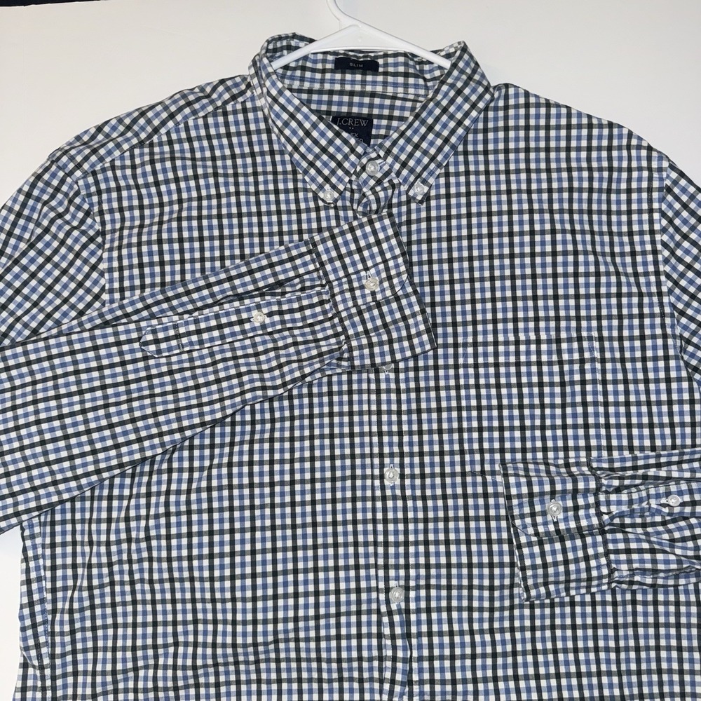 Men's XL J.CREW Cotton Blue White‎ Plaid Long Sleeve Slim Button-Down Shirt